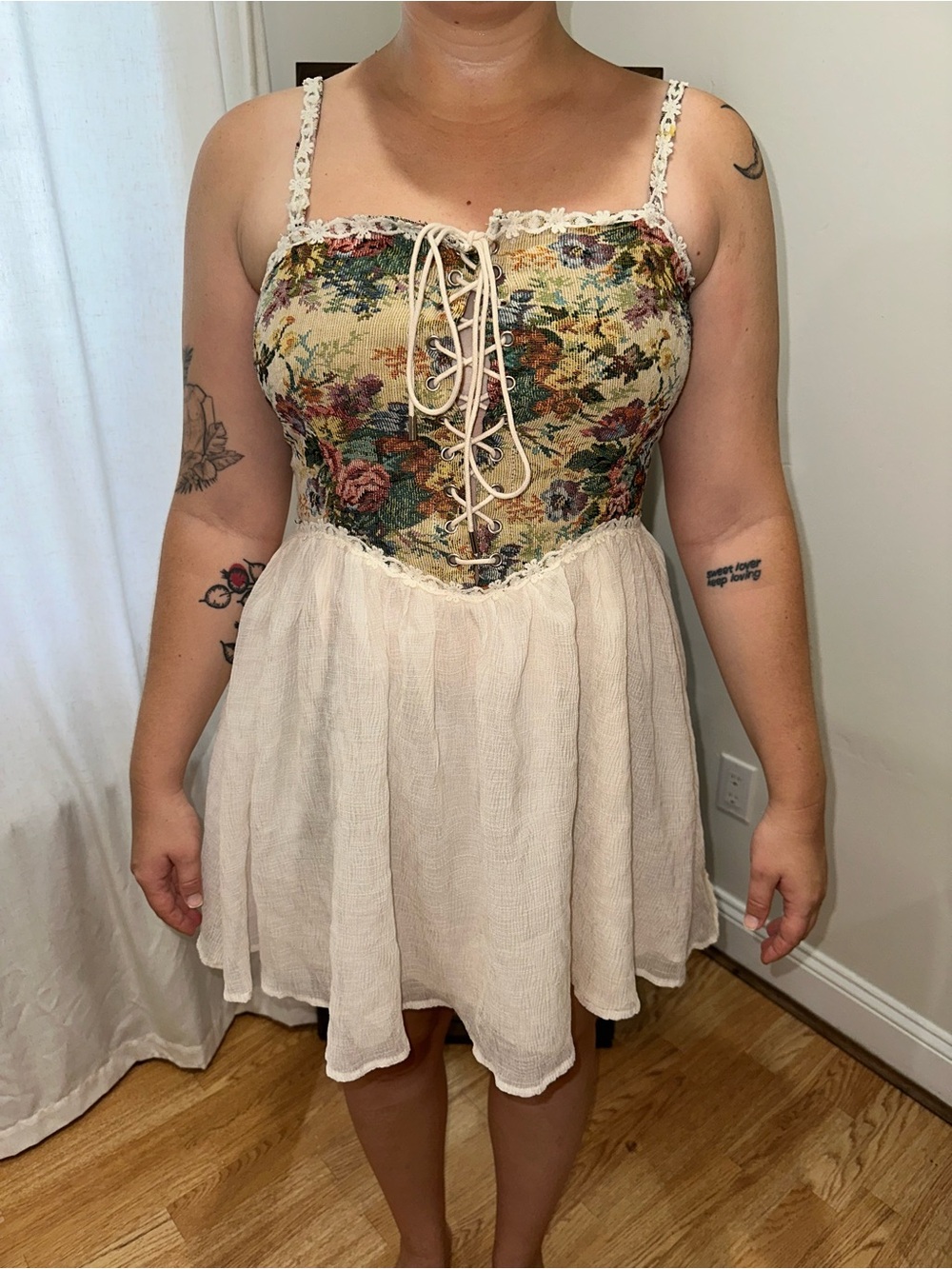 Cider Cream Mini Dress with Floral Lace-Up Bodice - Picture 1 of 6